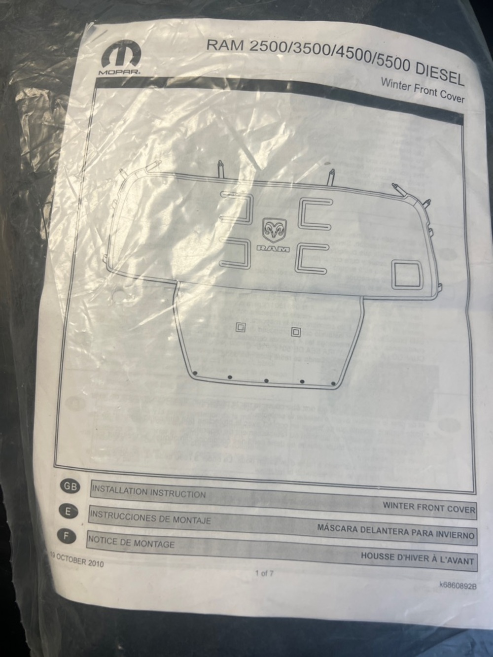 Mopar Black Winter Front Cover for RAM 2500/3500/4500/5500 Diesel